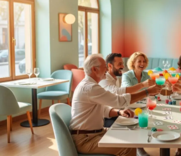 Színes, világos Budapest Table enteriőr pókerező baráti társasággal, ételekkel és koktélokkal